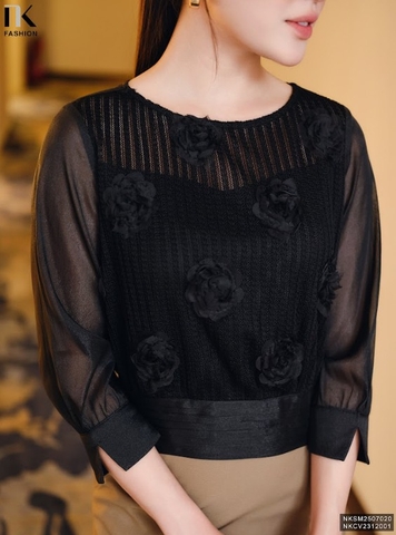 Sơ mi ren hoa hồng phối đẹp lạ, hợp thu NKSM2507020