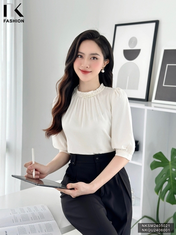 Áo Sơ Mi Cổ Bèo Đính Ngọc NK Fashion Công Sở Nữ Thanh Lịch Vải Mềm Mịn NKSM2405021