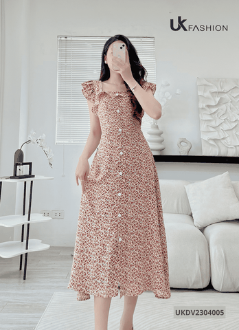 Đầm Xoè Bèo Vai UK Fashion Có Cúc Nẹp Độc Thân, Chất Vải Nhập Hàn Cao Cấp Dày Dặn UKDV2304005