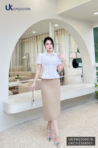 Sơ mi cổ đức tay xép eo xòe UK Fashion Kiểu Dáng trơn Basic, Chất Vải không nhăn dành cho Quý cô công sở UKSM2309016