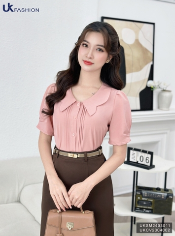 Áo Sơ Mi Bấu Mí Cổ Cách Điệu UK Fashion Công Sở Nữ Thanh Lịch Vải Mềm Mịn UKSM2403011