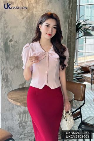 Sơ mi 7 mảnh cổ sen nơ cổ thời trang, nữ tính, trẻ trung, điệu đà UKSM2403016