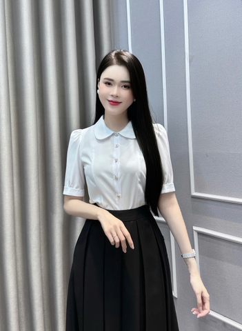 Áo Sơ Mi Cổ Sen 7 Mảnh Cúc Hoa UK Fashion Công Sở Nữ Thanh Lịch, Vải Mềm Mịn UKSM2407014