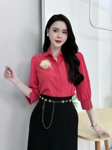 Áo Sơ Mi Cổ Sen Tay Lỡ Lơ Vê Xẻ UK Fashion Công Sở Nữ Thanh Lịch, Nữ Tính Vải Mềm Mịn UKSM2408005