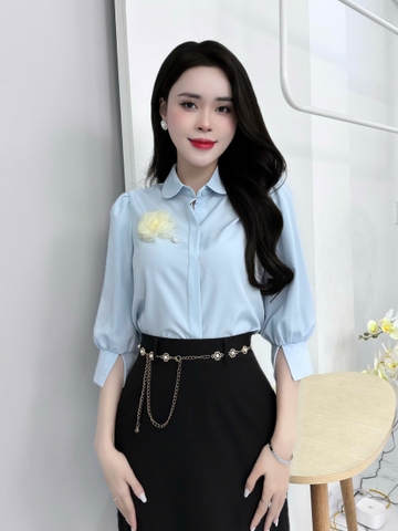 Áo Sơ Mi Cổ Sen Tay Lỡ Lơ Vê Xẻ UK Fashion Công Sở Nữ Thanh Lịch, Nữ Tính Vải Mềm Mịn UKSM2408005