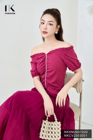 NK Fashion Áo Sơ Mi Xếp Cổ Gấu Tay Chun Dây Ngọc Tiểu Thư, Nữ Tính NKSM2401020