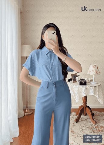 Áo Sơ Mi Nữ UK Fashion Cổ Đức Kẻ Vai Chờm Chất Vải Mềm Mịn Thoáng Mát UKSM2305001