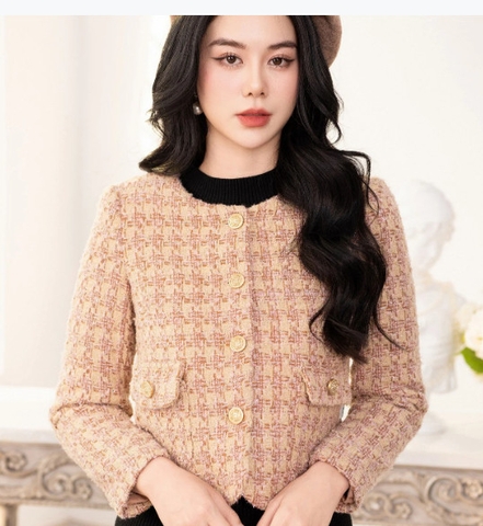 Áo Khoa Dạ Text 2 Túi Dáng Ngắn, Tay Dài Chất Liệu Cao Cấp, Cúc Đồng Sang Chảnh NKFAK2311003