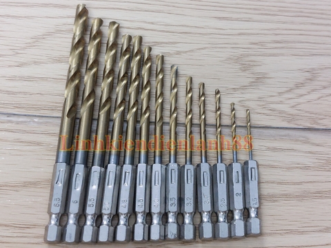 Bộ 13 mũi khoan thép gió bọc Titanium chuôi lục giác 6.35mm với nhiều kích thước ( từ mũi 1.5mm đến 6.5mm).