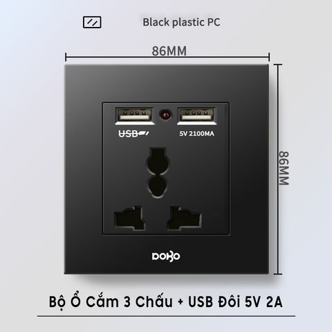 Bộ ổ cắm 3 chấu+ổ đôi USB K50Đ-88032 màu đen