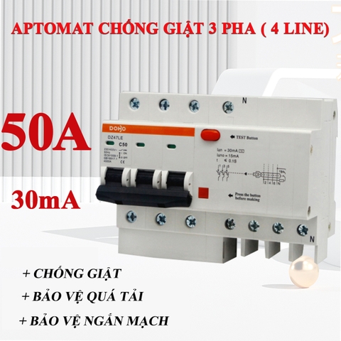 Cầu dao chống giật 3 PHA 50A (Aptomat chống dòng rò) DoBo 4.5kA 30mA DZ47LE-88503P