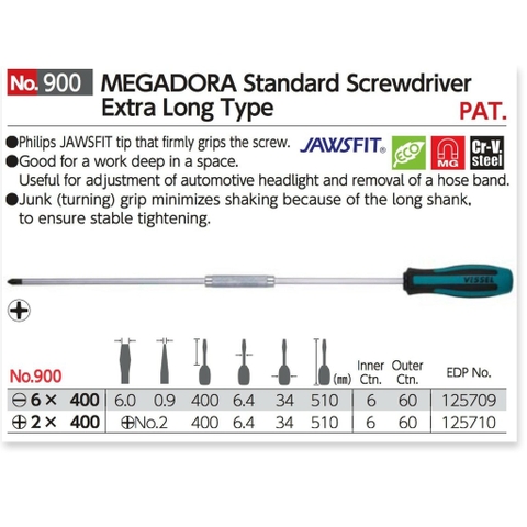 Tuốc nơ vít 2 cạnh thân dài Vessel 125709 900-6x400