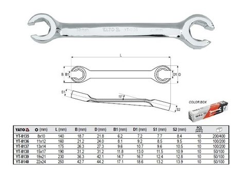Cờ lê 2 đầu miệng loe mở đai ốc 15x17mm Yato YT-0138