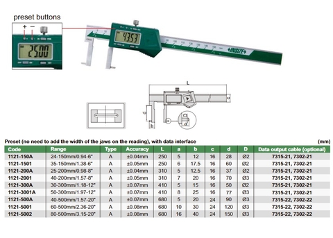 Thước cặp điện tử đo rãnh trong INSIZE 1121-150A (24-150mm/0.94-6 inch)