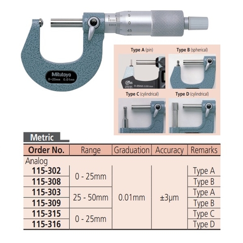 Panme ngoài cơ khí đo ống,đầu kiểu C, Mitutoyo 115-315 (0-25mm/ 0.01mm)