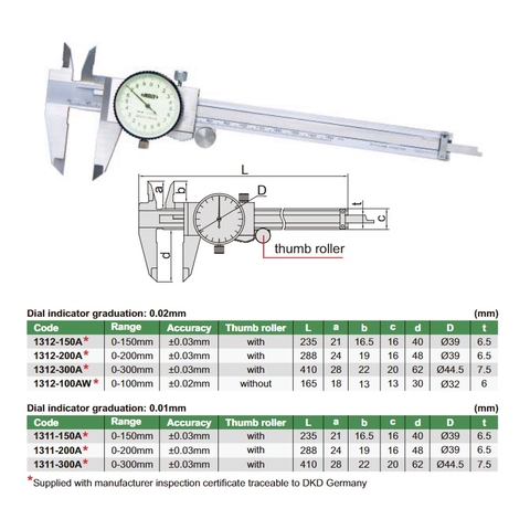 Thước cặp đồng hồ INSIZE 1312-100AW (0-100mm )