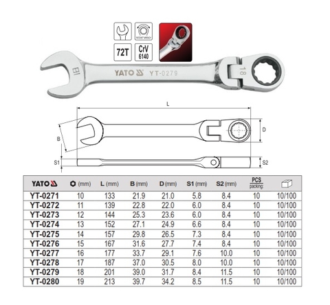 Cờ lê vòng miệng tự động, lắc léo (bóng)17mm YT-0278