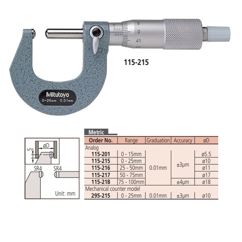 Panme ngoài cơ khí đo độ dày ống Mitutoyo 295-215 (0-25mm x 0.01)