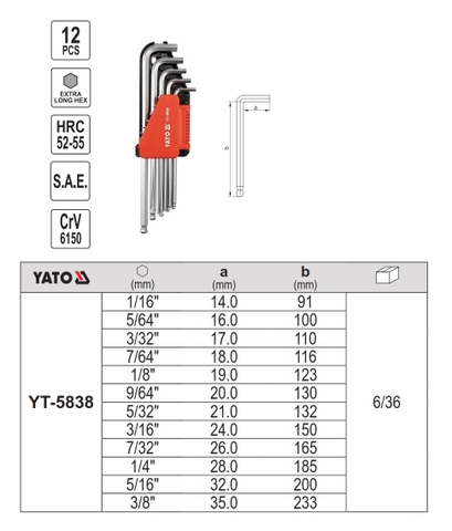Bộ Lục giác hệ inch đầu bi 12 chi tiết YATO YT-5838 (1/16