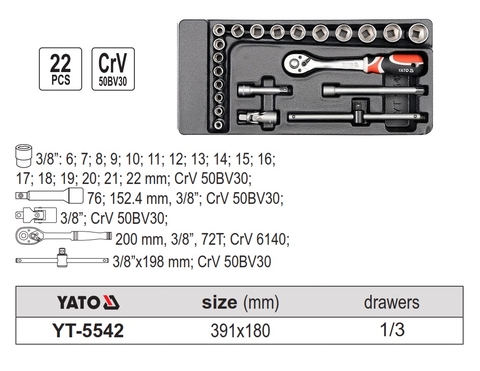 Khay bộ tuýp tay vặn tổng hợp 3/8 inch 22 chi tiết YATO YT-5542
