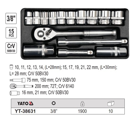 Bộ tuýp vặn tay tổng hợp 15PCS 3/8