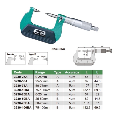 Panme đầu nhọn cơ khí INSIZE 3230-25A