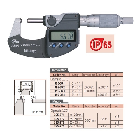 Panme ngoài điện tử đo độ dày ống Mitutoyo 395-374-30 (3-4″/75-100mm x 0.001)