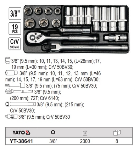 Bộ tuýp vặn tay tổng hợp 19PCS 3/8