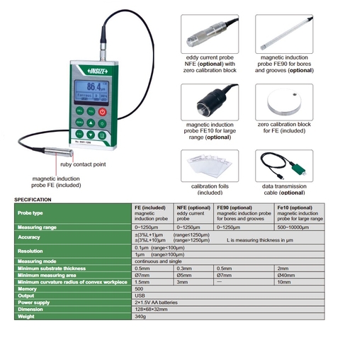 Máy đo chiều dày lớp sơn, phủ, mạ INSIZE 9501-1200 (0-1250µm, đầu đo từ tính) 