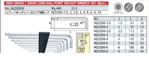 Bộ chìa lục giác 9 chiếc KTC HLD2509 ( 1.5-10 mm, đầu bi)