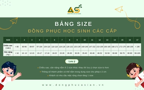 ĐỒNG PHỤC ASIAN - BẢNG CHỌN SIZE HỌC SINH CÁC CẤP (TRA CỨU NHANH)