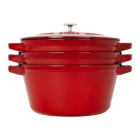Staub - Bộ nồi gang tròn màu đỏ cherry - 4 món