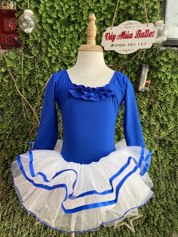 Váy múa xanh coban bèo ngực dài tay