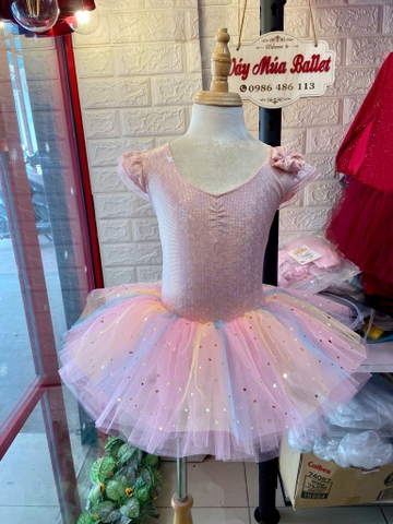Váy múa tay tiên thun lấp lánh cầu vồng hồng