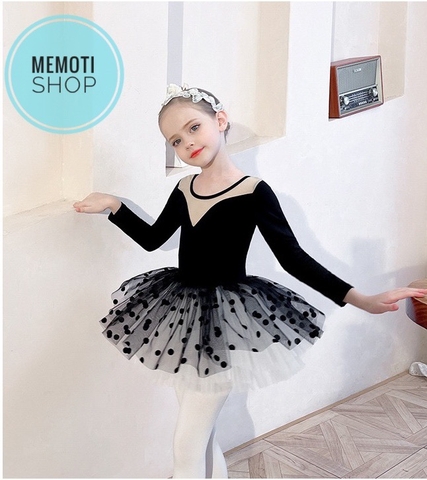 Set áo váy múa V lưng bi đen dài tay