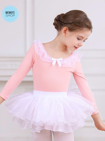 Set áo váy múa bèo cổ dài hồng trắng
