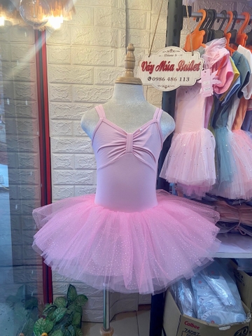 Váy múa dây nơ đáp ngực hồng lấp lánh