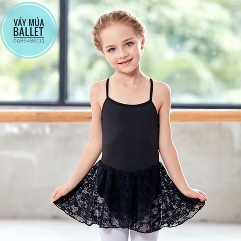 Váy tập múa 2 dây phối ren chéo (hồng, đen)