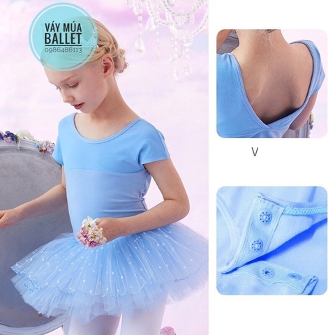 Váy múa lưng V chân bi tay ngắn (hồng, tím, xanh)