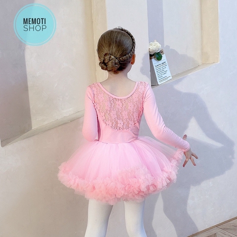 Set áo váy múa phối ren tutu dài tay (tím, hồng)