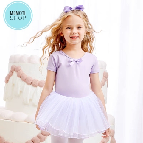 Váy múa đan lưng nơ tay ngắn (tím, xanh)