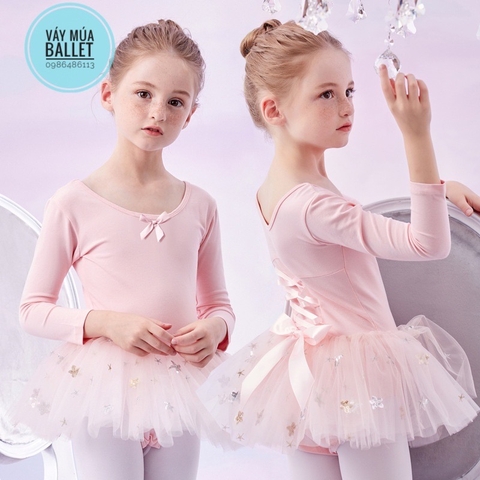 Váy múa đan lưng nơ sao to dài (hồng, tím, xanh)