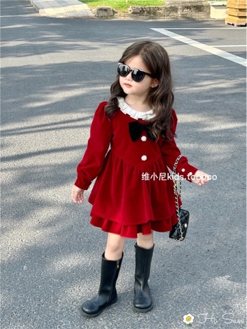 Váy nhung đỏ xinh 2 tầng