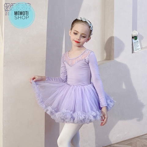 Set áo váy múa phối ren tutu dài tay (tím, hồng)