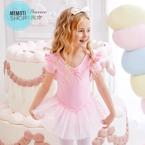 Váy múa bèo vai eo sao tay ngắn (tím, hồng)