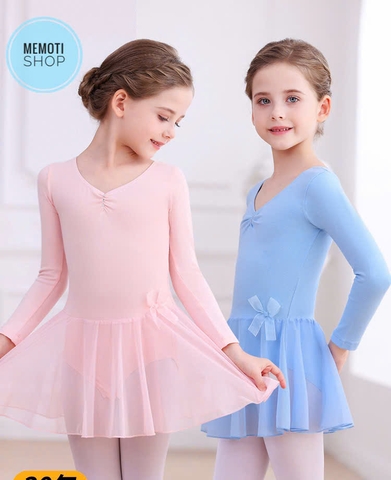 Váy tập múa voan nơ eo dài tay (hồng, tím, xanh)