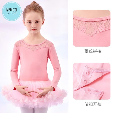 Váy múa phối ren tutu dài tay hồng phấn