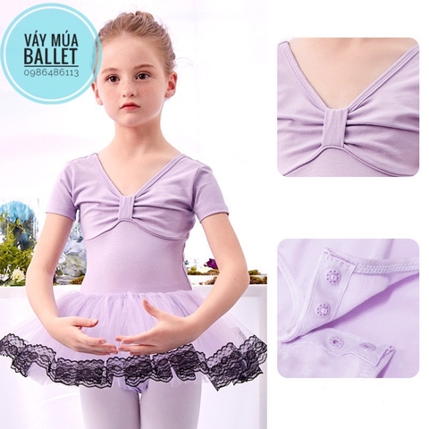 Váy múa cổ nơ tím viền ren tay ngắn