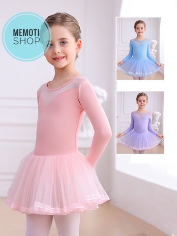 Váy múa V lưng viền dài tay (hồng, tím, xanh)