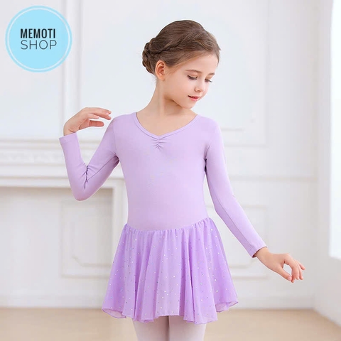 Váy tập múa nơ lưng sao dài tay (hồng, xanh, tím)